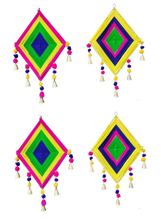 3A Featuretail 6 Inch Handcrafted Decorative Square Kite Bell Hangings Made of Wool for Wall/Door/Window Decoration, Festive or Wedding Hanging Decorative Items (Set of 4pc, Multicolor 6Inch) - Image 1